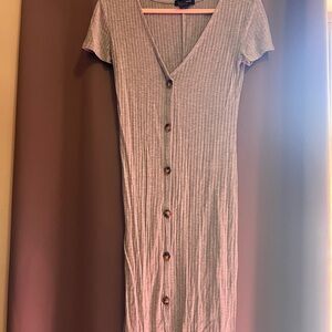 Ribbed Button-Front Grey Midi Dress